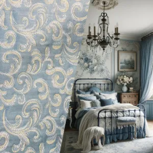 NEW! King Peter Designer Quilted Brocade Floral Upholstery Fabric- French Blue
