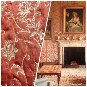 NEW! Queen Petrie Designer Quilted Brocade Floral Upholstery Fabric- Rust Brick Red