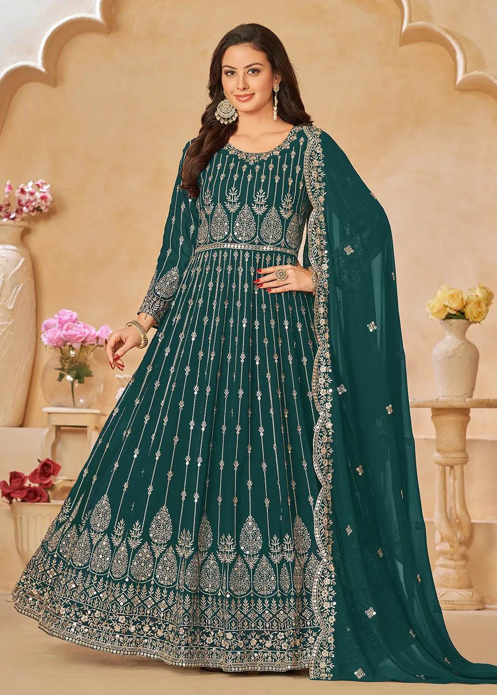 Teal Green Resham Zari Embroidered Festive Anarkali Suit